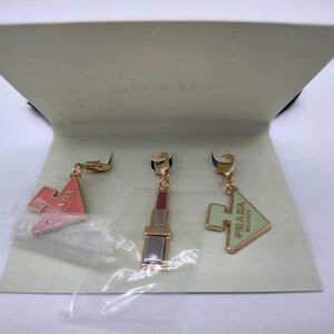 PRADA Beauty VIP Charm Set 3pc Pink Triangle Mint Triangle Lipstick Gold Tone